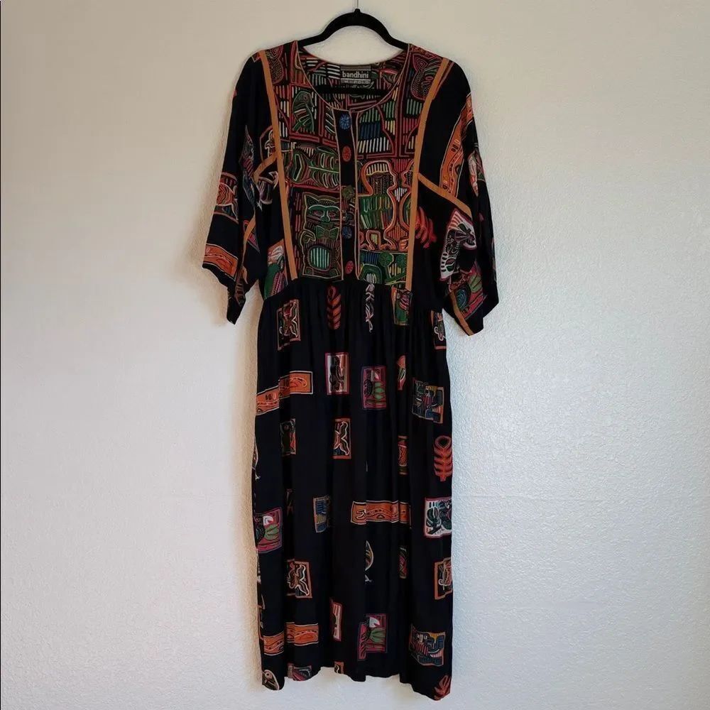 Vintage bandhini m polo Black ethnic boho wearable art Dress